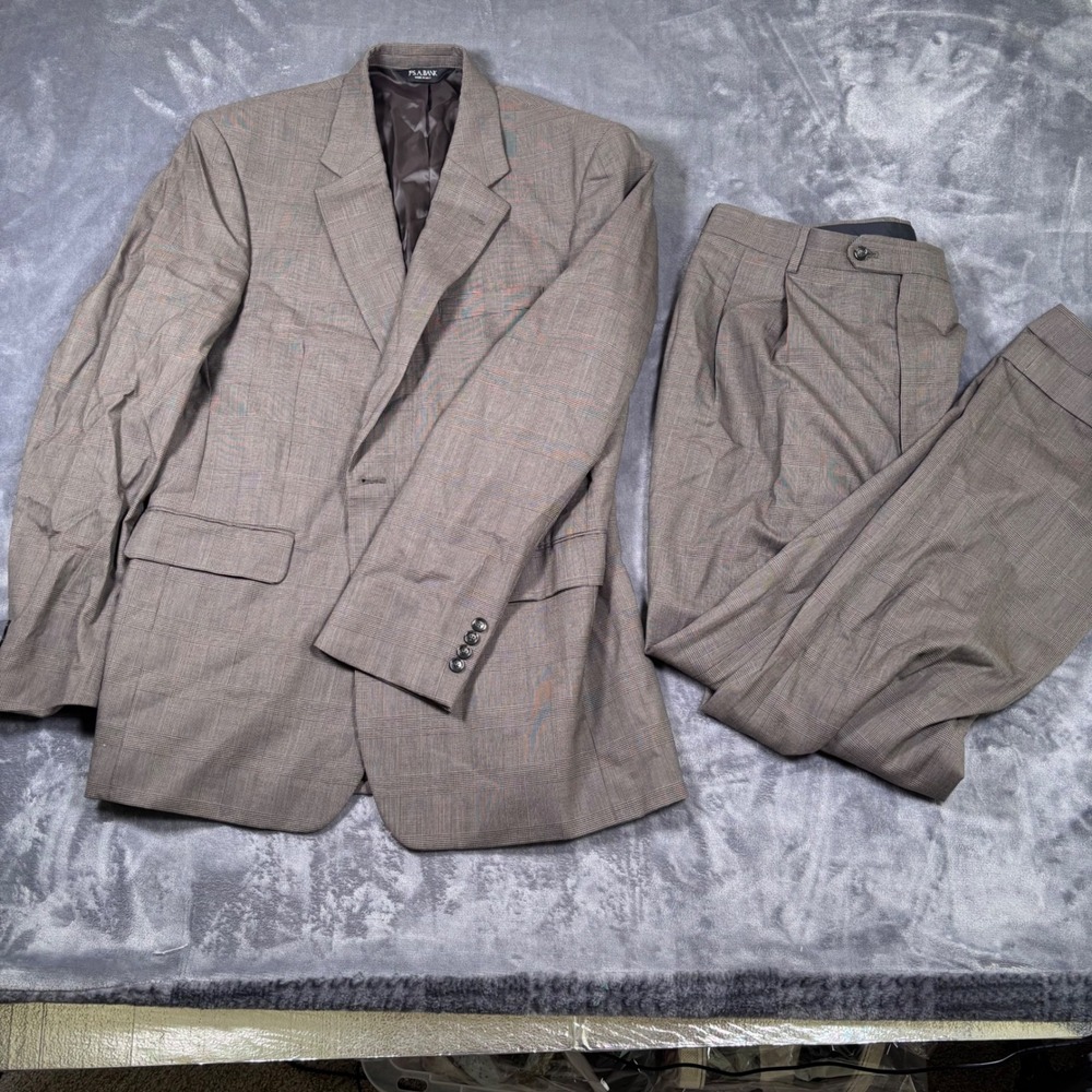 Jos. A. Bank Mens Brown Glen Plaid 100% Wool 2-Piece Suit 44L 36x31 Pleated